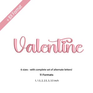 Pode incluir: Texto rosa "Valentine" em itálico com um coração acima do "i". A imagem inclui o texto "6 tamanhos - com conjunto completo de letras alternativas!" e "11 formatos" com tamanhos de 2,5 a 8,9 cm.