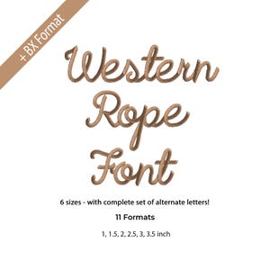 Puede incluir: Imagen de la fuente "Western Rope Font" con textura de cuerda. La imagen incluye texto que indica 6 tamaños, un conjunto completo de letras alternativas y 11 formatos, con tamaños de 2.5 cm a 8.9 cm.