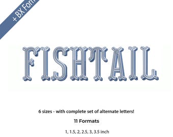 Stickschrift Fishtail Shadow, 6 Größen, 11Formate, digitalisierte Stickschrift, Instant Download