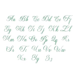 May include: A complete alphabet set featuring both uppercase and lowercase letters from A to Z, displayed in a flowing, cursive script font. Each character is rendered in a solid dark green color against a plain, solid white background.