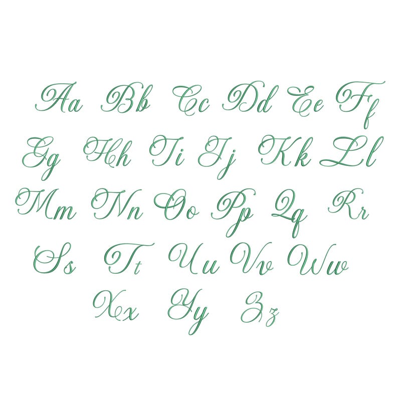 May include: A complete alphabet set featuring both uppercase and lowercase letters from A to Z, displayed in a flowing, cursive script font. Each character is rendered in a solid dark green color against a plain, solid white background.