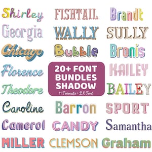 Może przedstawiać: Cyfrowa kolekcja różnych stylów typograficznych z efektami cienia, zawierająca imiona takie jak Shirley, Georgia, Chicago, Florence, Theodore, Caroline, Camerol, Miller, Fishtail, Wally, Bubble, Barron, Candy, Clemson, Brandt, Sully, Bronis, Kailey, Bailey, Sport, Samantha i Graham. Centralny fioletowy prostokąt zawiera tekst 20+ FONT BUNDLES SHADOW 11 Formats + BX Font.