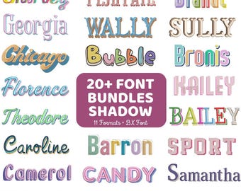 20+ Shadow Embroidery Font Bundles Alphabet Pack, Fishtail Shadow, Cursive Script Shadow, Retro Varsity Block Shadow, 11 Formats + BX Font