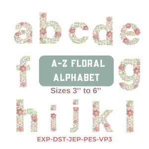 Peut inclure: Alphabet floral de A à Z, chaque lettre est ornée de roses roses, de fleurs jaunes et bleues et de feuilles vertes. Les lettres sont affichées sur fond blanc. Le texte "A-Z FLORAL ALPHABET" est dans un rectangle vert, tailles de 7.6 cm à 15.2 cm.