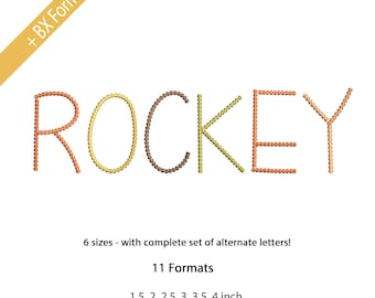 Rockey Handwritten Bean Stitch Embroidery Machine Font Embroidery Alphabet, Script Hand stitch effect, 6 Sizes, 11 Formats + BX Font