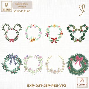 May include: An embroidery design featuring eight different wreath patterns. The wreaths include floral, leaf, and bow designs, with sizes ranging from 4 to 8 inches. The image also includes text indicating the design is available in 5 sizes and formats.