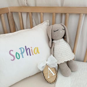 May include: A crocheted bunny doll in a white dress and a pillow embroidered with the name "Sophia" in pastel colors. A wooden tag with the letter "A" is attached with a white ribbon. The items are on a crib.