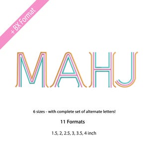 Puede incluir: La palabra "MAHJ" en una fuente colorida y en capas, con líneas doradas, rosas y turquesas. La imagen incluye texto que indica 6 tamaños, letras alternativas y 11 formatos, de 3,8 a 10,2 cm.