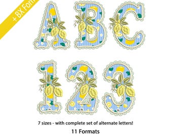 Czcionka do haftu "Cytryna Koronki", alfabet letnich owoców, litery z motywem cytrusów w stylu vintage, wzór haftu na ręczniku kuchennym, 7 rozmiarów, 11 formatów + format BX