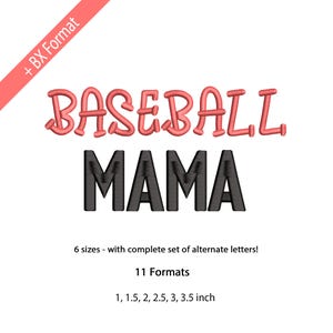 May include: A graphic design featuring the words "BASEBALL MAMA" in pink and black. The design includes text indicating 6 sizes, 11 formats, and sizes ranging from 1 to 3.5 inches. A diagonal pink banner with "+ BX Format" is in the upper left corner.