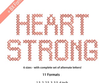 Heart Strong Cross Stitch Font Embroidery, Cross Stitch Satin machine embroidery designs classy, 6 Sizes, 11 Formats + BX Font