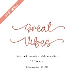 May include: Rose gold wire script that reads "Great Vibes" on a white background. The image also includes text indicating the product is available in 6 sizes, 11 formats, and sizes ranging from 1 to 3.5 inches.
