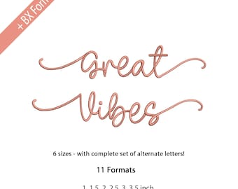 Tolle Vibes Cursive Script Stickschrift; Schriftfarbe für die Maschinenstickerei, 6 Größen, 11 Formate + 3er Schrift