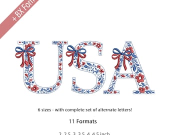 Patriotic Floral Bow Embroidery Font, USA Alphabet Monogram, 4th of July Font, Red Blue Coquette Letters, 6 Sizes, 11 Formats + BX Format