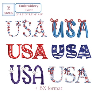 May include: An embroidery font design showcasing the word "USA" in diverse styles. The designs incorporate floral patterns, star embellishments, and patriotic colour schemes of red, white, and blue. The image also displays size options from 5.08 to 11.43 cm.