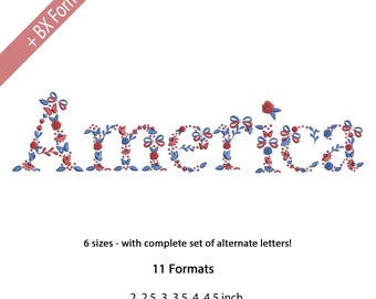 Patriotic Embroidery Font Embroidery, USA Floral Alphabet, 4th of July Font, Red Blue Monogram, 6 Sizes, 11 Formats + BX Format