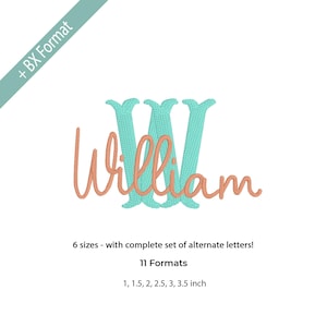 May include: A teal letter "W" with the name "William" in a cursive, peach-colored font. The image includes text indicating the availability of 6 sizes, alternate letters, and 11 formats, with sizes ranging from 1 to 3.5 inches.