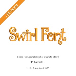 May include: Gold-colored "Swirl Font" text on a white background. The text is decorative with swirls and curls. The image also includes text indicating the font is available in 6 sizes, 11 formats, and sizes ranging from 1 to 3.5 inches.