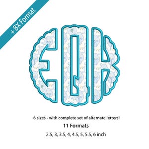 May include: A monogram design featuring the letters EOH in a teal outline with a scalloped edge. The letters are filled with a light blue and white floral pattern. Text at the bottom indicates the design is available in 6 sizes, from 2.5 to 6 inches, and 11 formats.