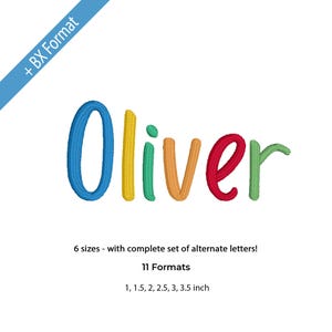 Könnte beinhalten: Gestickter Name "Oliver" in Blau, Gelb, Grün, Orange, Rot und Grün. Text: "6 Größen - mit komplettem Satz alternativer Buchstaben!" und "11 Formate" mit Größen von 2.5, 3.8, 5.1, 6.4, 7.6, 8.9 cm.