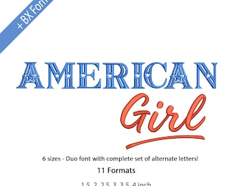 American Girl Duo Embroidery Font, Sans and Script Fonts, Retro Font Tail, Girly Font Embroidery, 6 Sizes, 11 Formats + BX Format