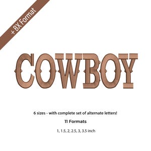 Puede incluir: Texto marrón "COWBOY" con púas decorativas en las letras. La imagen incluye el texto "+ BX Format", "¡6 tamaños - con juego completo de letras alternativas!", "11 Formatos" y tamaños de 2,5 a 8,9 cm.