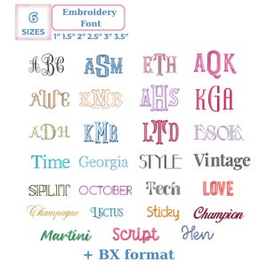 May include: A selection of embroidery fonts in diverse styles and colours, including serif and script fonts. The image includes the text "Embroidery Font" and size options from 2.5 cm to 8.9 cm. The image also includes the text "+ BX format".