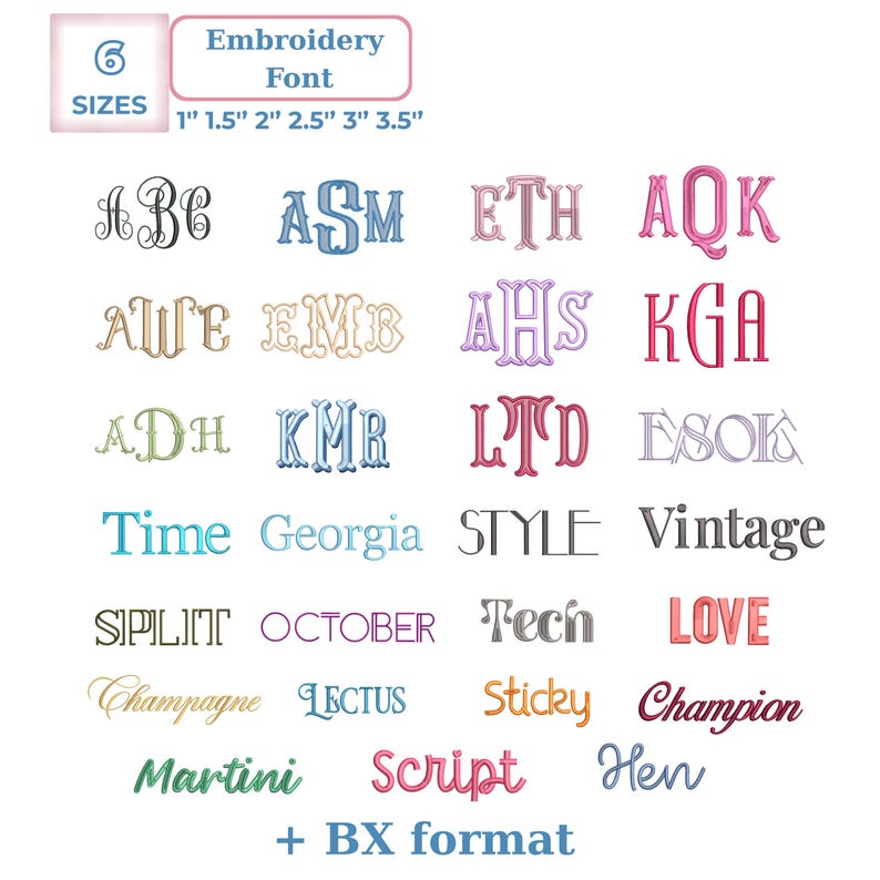 Pu&ograve; includere: Un assortimento di caratteri per ricamo in vari stili e colori, inclusi caratteri serif e script. L'immagine include il testo "Embroidery Font" e opzioni di dimensioni da 2,5 cm a 8,9 cm. L'immagine include anche il testo "+ BX format".
