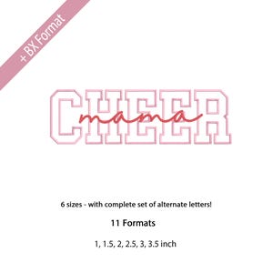 Puede incluir: Diseño rosa y blanco con la palabra "CHEER" y la palabra "mama" en escritura cursiva. La imagen incluye texto que indica seis tamaños y once formatos, con tamaños que van de 2,5 a 8,9 cm.