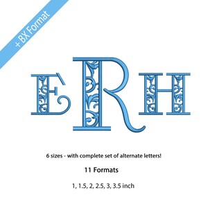 Peut inclure: Lettres de monogramme bleues E, R et H avec un motif floral décoratif. L'image comprend du texte indiquant 6 tailles et 11 formats, avec des tailles allant de 2,5 à 8,9 cm. Une bannière bleue en haut à gauche indique '+ BX Format'.