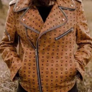 MCM Monogram Luxury Brown Leather Biker Jacket, Street Style Statement Piece