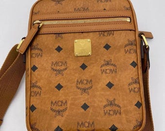 MCM Visetos Crossbody Bag, Cognac Brown Monogram Leather, Designer Messenger