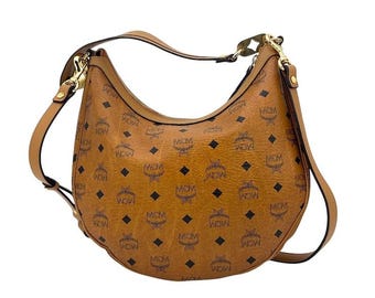 MCM Visetos Hobo Bag, Cognac Brown Monogram, Designer Shoulder Bag