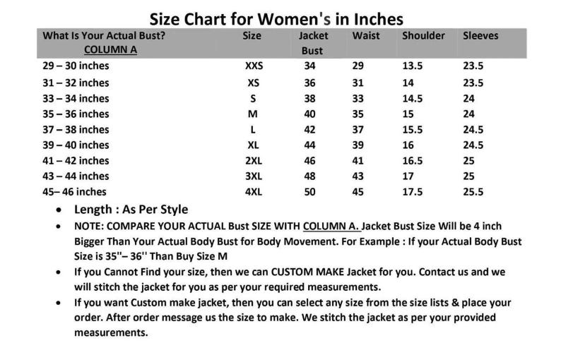 May include: A jacket size chart displaying bust, waist, shoulder, and sleeve measurements in inches. Sizes range from XXS to 4XL, with bust sizes from 73.66 cm to 116.84 cm. Includes notes on custom sizing and body movement.