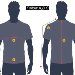 May include: Diagram showing body measurements for clothing. Two t-shirt-clad silhouettes are depicted, with red lines and yellow circles indicating measurement points. The text at the top reads "Follow A, B, C".