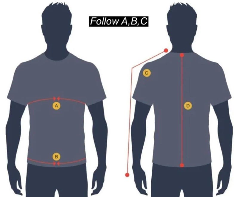 May include: Diagram showing body measurements for clothing. Two t-shirt-clad silhouettes are depicted, with red lines and yellow circles indicating measurement points. The text at the top reads "Follow A, B, C".