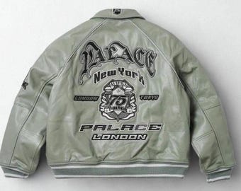 Avirex USA Palace New York London Leather Varsity Jacket, Streetwear Bomber Jacket Graphic Coat