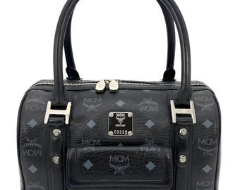 MCM Visetos Boston Bag, Black Leather Monogram, Silver Hardware