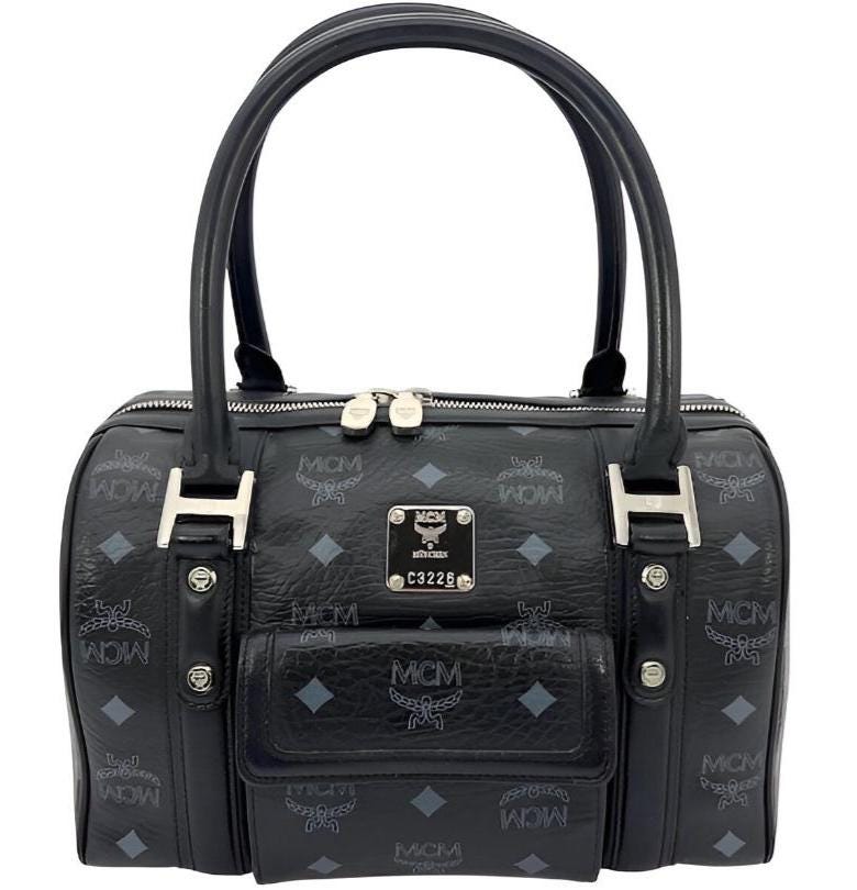 希少✨MCM 2way Boston Bag Leather Black MCM Visetos Boston Bag, Black Leather Monogram, Silver Hardware - Etsy