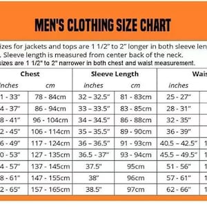 May include: A men's clothing size chart, displaying measurements in inches and centimetres. Sizes range from XS to 5XL, with chest, sleeve length, and waist dimensions. The chart is headed with the text "MEN'S CLOTHING SIZE CHART."