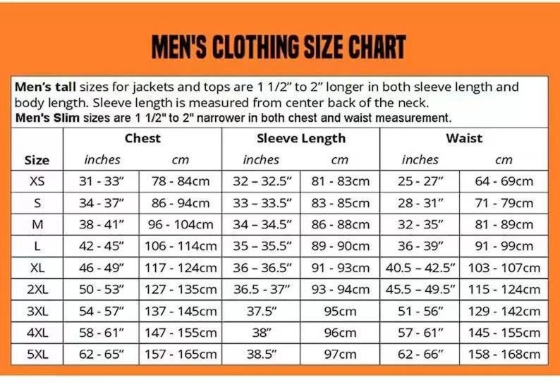 May include: A men's clothing size chart, displaying measurements in inches and centimetres. Sizes range from XS to 5XL, with chest, sleeve length, and waist dimensions. The chart is headed with the text "MEN'S CLOTHING SIZE CHART."