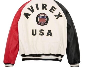 Kurtka bomberka Avirex USA Multi Color Varsity, czerwono-niebiesko-biała z naszywkami, styl uliczny