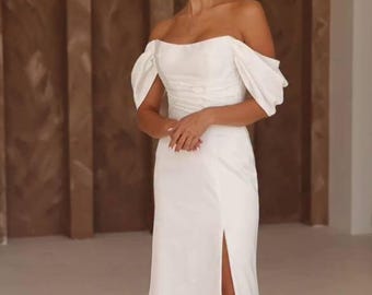 Elegant Off Shoulder White Dress with Slit | Satin Bridal Gown | Minimalist Wedding Dress | Evening Formal Dress