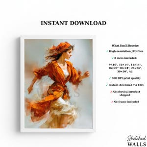 Puede incluir: Una impresión artística de una mujer con un vestido y pañuelo naranja fluidos, capturada en una pose dinámica. La obra de arte tiene un estilo pictórico con colores suaves y mezclados y el texto "INSTANT DOWNLOAD" en la parte superior.