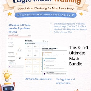 Può includere: Una grafica educativa colorata per la scuola materna e la prima elementare, intitolata "Logic Math Training". Include il testo "Fondamenti del senso del numero | Età 5-7" e presenta 30 pagine, 180 puzzle logici e un pacchetto matematico definitivo 3-in-1.