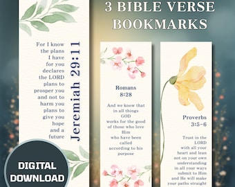 3 Bible Verse Bookmarks Watercolor Floral Digital Download Set | Inspirational Scripture, Faith, Christian Gift