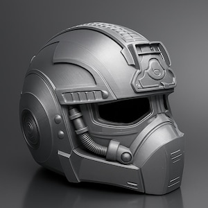 Puede incluir: Un casco gris futurista con una abertura para la visera y una superficie texturizada. El casco presenta un diseño detallado con varios paneles, remaches y un elemento tubular flexible, lo que sugiere un tema de ciencia ficción o cosplay.