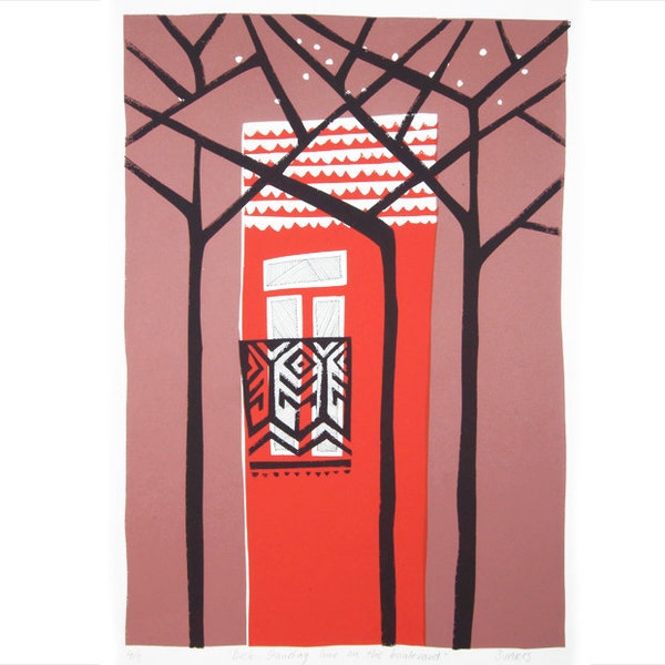Original hand pulled screen print. 'Dusk. Standing alone on the boulevard.'