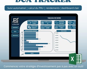 May include: A laptop screen displays a financial dashboard labeled "DCA TRACKER." The interface shows investment data, charts, and the text "Excel | Instant Download | Easy to Use." The screen is open on a desk.