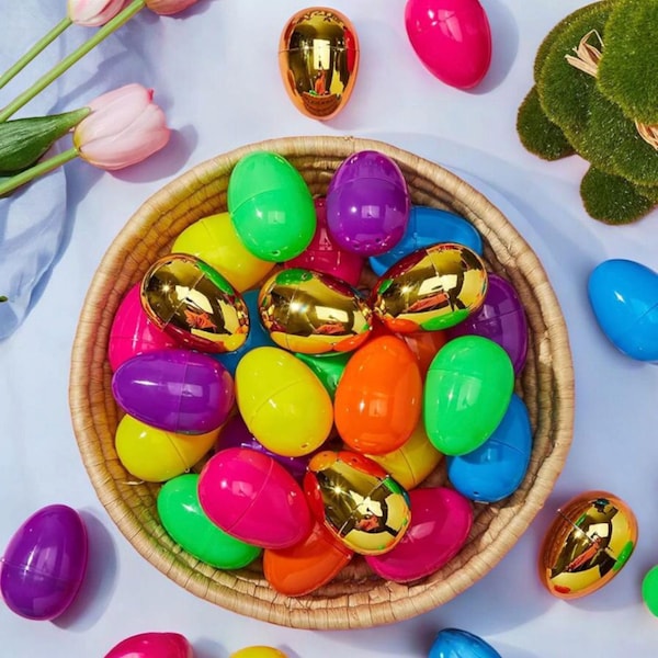 50 PCS Fillable Easter Eggs Bulk 2.3” Colorful & Golden Plastic Eggs for Easter Hunt Basket Stuffers Classroom Prizes Party Decor